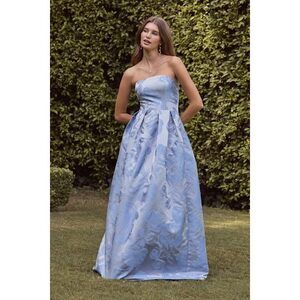 Lulus Laurelin Slate Blue Floral Jacquard Pleated Strapless Maxi Dress - Size S